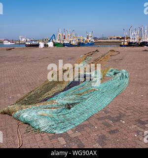 Le reti da pesca asciugare al sole nel porto di lauwersoog nei Paesi Bassi Foto Stock