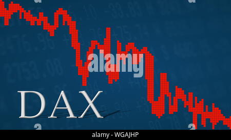Il tedesco blue chip indice del mercato azionario DAX è caduta. Il grafico rosso accanto all'argento DAX titolo su sfondo blu è che mostra verso il basso e... Foto Stock