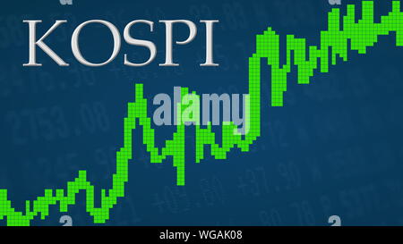 Il composito di Corea Il prezzo di stock o di indice KOSPI sta andando verso l'alto. Il grafico verde accanto al silver KOSPI titolo su sfondo blu è che mostra verso l'alto e... Foto Stock