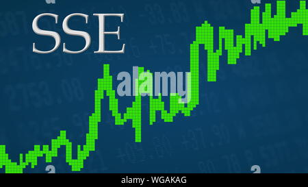 La Cina indice del mercato azionario SSE di Shanghai Stock Exchange sta andando verso l'alto. Il grafico verde accanto al silver SSE titolo su uno sfondo blu mostra... Foto Stock