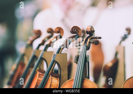 Dettagli con la rotellina di scorrimento, peg box, piroli, stringhe, il collo e la tastiera di un violino prima sinfonica concerto di musica classica Foto Stock