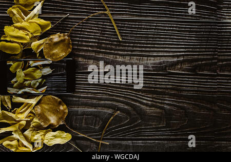 Piatto di laici smartphone e foglie di autunno su uno sfondo di legno Foto Stock