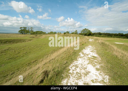 Vista di Figsbury Ring, un'età del ferro hill fort e enclosure del neolitico e un SSSI, nel Wiltshire, Inghilterra, Regno Unito Foto Stock