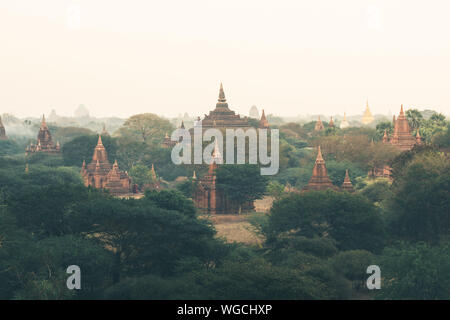 Vista su stupa e pagode di Bagan antico tempio complesso durante il sunrise ora d'oro in Myanmar. Foto Stock