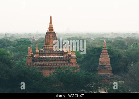 Vista su stupa e pagode di Bagan antico tempio complesso durante il sunrise ora d'oro in Myanmar. Foto Stock