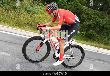 Erfurt, Germania. 01 Sep, 2019. Escursioni in bicicletta: UCI Europaserie - Germania Tour, fase 4, Eisenach - Erfurt (159, 50 km). Il tedesco Lennard Kämna da Team La Ragnatela Solare in azione. Credito: Bernd Thissen/dpa/Alamy Live News Foto Stock