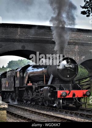 Royal Norfolk reggimento locomotiva a vapore del North Norfolk Railway con il ponte alla stazione weyborne anche per la cottura a vapore Foto Stock