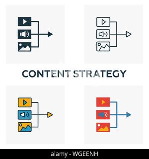 Contenuti della strategia icon set. Quattro elementi in diversi stili dal contenuto raccolta di icone. Contenuto creativo strategia riempito di icone, contorno, colorati Illustrazione Vettoriale
