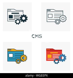 Icona di Cms impostata. Quattro elementi in diversi stili dal contenuto raccolta di icone. Creative icone cms riempito, del contorno colorato e simboli di Piana Illustrazione Vettoriale