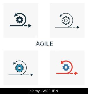 Agile icon set. Quattro elementi in diversi stili dal contenuto raccolta di icone. Creative icone agile riempito, del contorno colorato e simboli di Piana Illustrazione Vettoriale