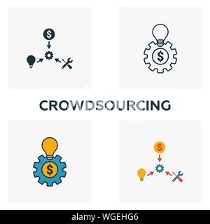 Crowdsourcing icon set. Quattro elementi in diversi stili dal contenuto raccolta di icone. Creative crowdsourcing icone riempito, contorno, colorata e piatto Illustrazione Vettoriale