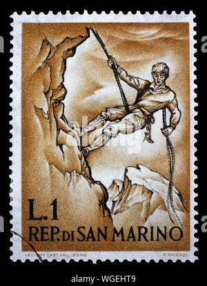 Stampigliatura rilasciata a San Marino mostra alpinismo, serie, 1962 circa. Foto Stock