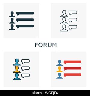 Forum icon set. Quattro elementi in diversi stili dal contenuto raccolta di icone. Forum creativo icone riempito, del contorno colorato e simboli di Piana Illustrazione Vettoriale