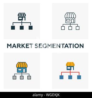 Segmentazione del mercato icon set. Quattro elementi in diversi stili dal contenuto raccolta di icone. Creative di segmentazione del mercato delle icone riempito, contorno Illustrazione Vettoriale