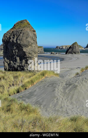 Pile di mare lungo la spiaggia di pistola River State Park vicino a Spiaggia d'oro, Oregon, parte della costa del Pacifico Scenic Byway, US 101 Foto Stock