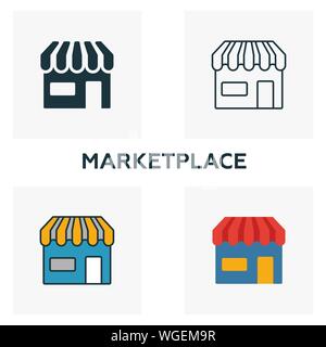 Marketplace icon set. Quattro elementi in diversi stili dal crowdfunding raccolta di icone. Creative marketplace icone riempito, bordato e colorato Illustrazione Vettoriale