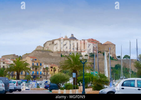 Città vecchia di Calvi sotto un blu, luce cielo nuvoloso acquerelli Foto Stock