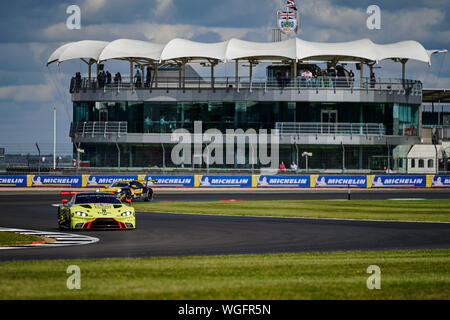 Towcester, Northamptonshire, Regno Unito. 1 settembre 2019. WEC Aston Martin Vantage AMR durante il 2019 FIA 4 Ore di Silverstone World Endurance Championship sul circuito di Silverstone. Foto di gergo Toth / Alamy Live News Foto Stock