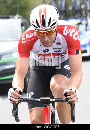 Erfurt, Germania. 01 Sep, 2019. Escursioni in bicicletta: UCI Europaserie - Germania Tour, fase 4, Eisenach - Erfurt (159, 50 km). Il tedesco Roger Kluge da Team Lotto-Soudal in azione. Credito: Bernd Thissen/dpa/Alamy Live News Foto Stock