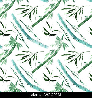 Il bambù verde delle foglie e stocchi. Acquerello illustrazione dello sfondo impostato. Perfetta configurazione di sfondo. Foto Stock