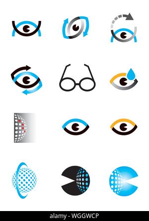 Occhio di ottica con set di Ottica, Optometria occhio icone ed elementi di design. Illustrazione Vettoriale. Illustrazione Vettoriale