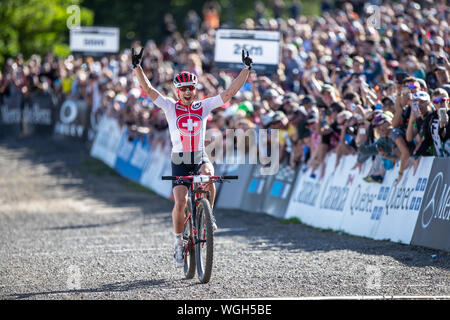 01 settembre 2019 Quebec, Canada MTB Campionati del Mondo 01-09-2019: Mountainbike: MTB Campionati del Mondo: Monte Sainte Anne Nino Schurter Foto Stock