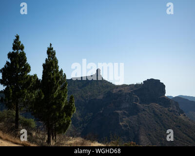 Una vista di Roque Nublo, Tejeda, Gran Canaria da un punto di vista nelle vicinanze, a metà pomeriggio con il cielo azzurro e gli alberi in primo piano. Foto Stock