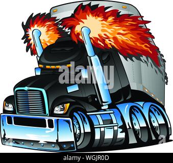 Semi carrello del rimorchio del trattore Big Rig, scarico, lotti di Chrome, Cartoon isolato illustrazione vettoriale Illustrazione Vettoriale