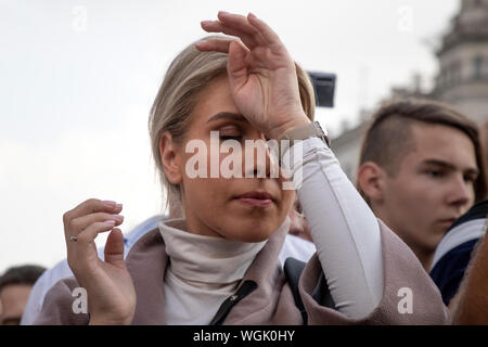 Mosca, Russia. 31st, Agosto 2019 Lyubov Sobol, un rifiuto del candidato indipendente nel prossimo Moscow City Duma [Mosca parlamento] elezione, durante una manifestazione non autorizzata contro la repressione politica nel centro di Mosca Foto Stock