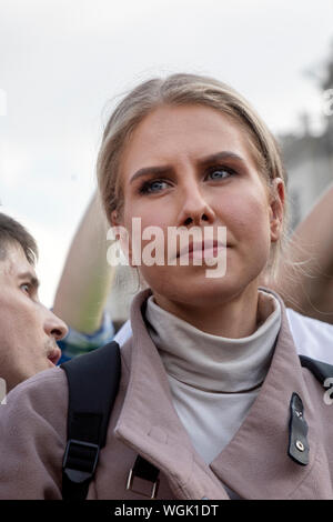 Mosca, Russia. 31st, Agosto 2019 Lyubov Sobol, un rifiuto del candidato indipendente nel prossimo Moscow City Duma [Mosca parlamento] elezione, durante una manifestazione non autorizzata contro la repressione politica nel centro di Mosca Foto Stock