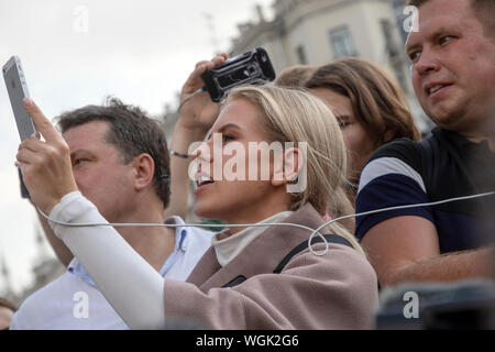 Mosca, Russia. 31st, Agosto 2019 Lyubov Sobol, un rifiuto del candidato indipendente nel prossimo Moscow City Duma [Mosca parlamento] elezione, durante una manifestazione non autorizzata contro la repressione politica nel centro di Mosca Foto Stock