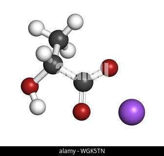 Lattato di sodio, struttura chimica. Il rendering 3D. Gli atomi sono rappresentati come sfere con i tradizionali colori: idrogeno (bianco), carbonio (grigio), Ox Foto Stock