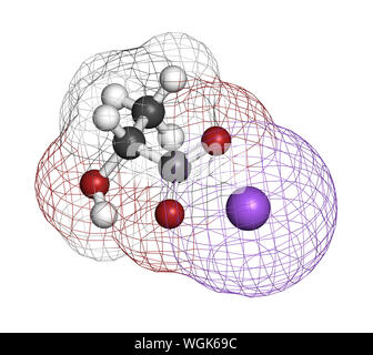 Lattato di sodio, struttura chimica. Il rendering 3D. Gli atomi sono rappresentati come sfere con i tradizionali colori: idrogeno (bianco), carbonio (grigio), Ox Foto Stock