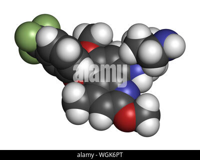 La malaria Tafenoquine molecola di farmaco. Il rendering 3D. Gli atomi sono rappresentati come sfere con i tradizionali colori: idrogeno (bianco), carbonio (grigio), nit Foto Stock