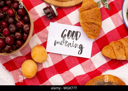 Elegante pic nic sul prato verde. Cornetti freschi e una teiera con il tè su un copriletto vicino a una femmina di vimini hat. Instagram contenuto. Foto Stock