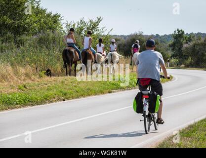 Un gruppo di turisti a cavallo con la strada vicino al Parco Naturale di Lago di Vran in Croazia Foto Stock