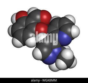 Voxelotor la malattia a cellule falciformi molecola di farmaco. Il rendering 3D. Gli atomi sono rappresentati come sfere con i tradizionali colori: idrogeno (bianco), carbonio ( Foto Stock