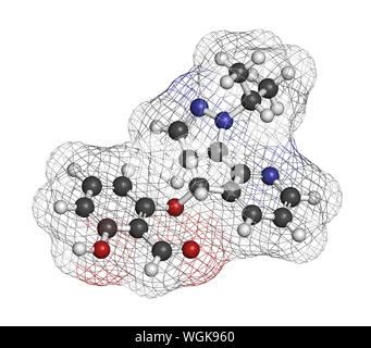 Voxelotor la malattia a cellule falciformi molecola di farmaco. Il rendering 3D. Gli atomi sono rappresentati come sfere con i tradizionali colori: idrogeno (bianco), carbonio ( Foto Stock