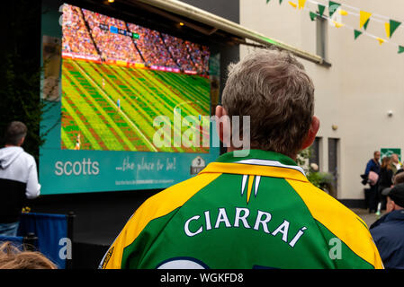 Kerry Gaelic, sostenitore della squadra di calcio in maglia verde e gialla, guarda la partita sul grande schermo all'aperto nello Scott's Hotel Garden, Killarney, County Kerry, Irlanda Foto Stock