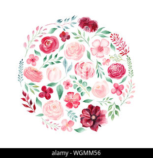 Fiori e foglie acquerello disegnato a mano round raster illustrazione. Fioritura ramoscelli, peonie, crisantemi, rose. Fioriture bellissime piante di rosa. Foto Stock