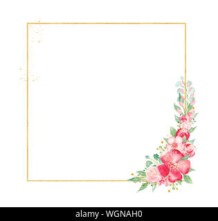 Fiore di primavera acquerello disegnato a mano telaio raster modello. Fiori che sbocciano greeting card decor. Petali di fiori, di foglie e di cavo dorato con copyspace. Summe Foto Stock