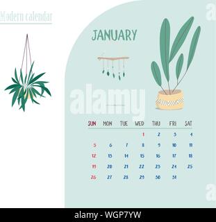 Calendario mensile 2020. Carino stampabile modello creative con la bellezza ed elementi floreali. Piante e giardino di casa. Tren moderno vettore illustrazione. Il prox Illustrazione Vettoriale