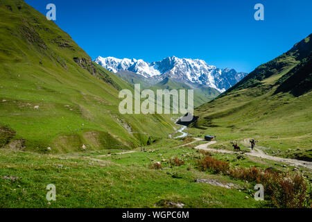 Ushguli paesaggio con il Monte Shkhara nel retro nella regione di Svaneti, Georgia. Foto Stock