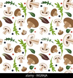 Seamless pattern su sfondo bianco con funghi champignon e fette. I funghi con lattuga e foglie di rucola. Illustrazione Vettoriale. Illustrazione Vettoriale