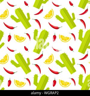 Seamless pattern su sfondo bianco con verde cactus, peperoncino e la fetta di limone. Cibo messicano dello sfondo. Illustrazione Vettoriale. Illustrazione Vettoriale