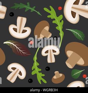 Seamless pattern su sfondo scuro con funghi champignon e fette. I funghi con lattuga e foglie di rucola. Illustrazione Vettoriale. Illustrazione Vettoriale