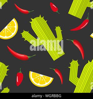 Seamless pattern su sfondo scuro con verde cactus, peperoncino e la fetta di limone. Cibo messicano dello sfondo. Illustrazione Vettoriale. Illustrazione Vettoriale