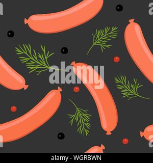 Seamless pattern su sfondo scuro con salsicce. Salsicce con aneto e pepe. Illustrazione Vettoriale. Illustrazione Vettoriale