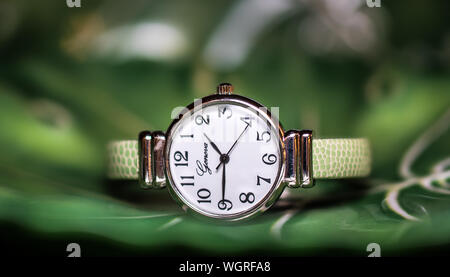 Moderni orologi da polso con fascia verde. Chiudere fino ad astratte sfondo verde Foto Stock