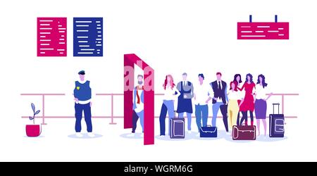 Funzionario di polizia controllo passeggeri e bagagli al rivelatore di metalli x-ray gate full body scanner controllo sicurezza in aeroporto concetto terminale schizzo interno Illustrazione Vettoriale